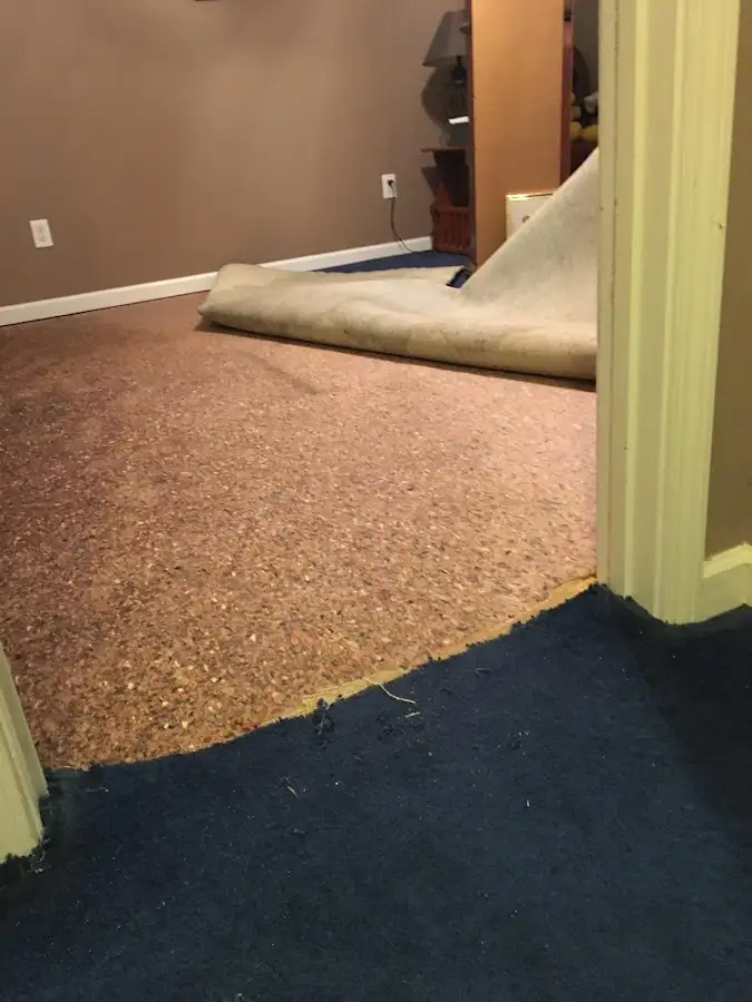 Carpet pad removal revealing water damage during Drying & Dehumidification in Bel Aire